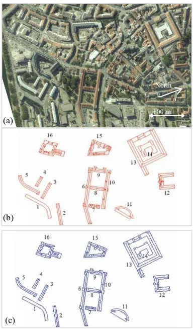 Figure 2. (a) Aerial image of a test site in Strasbourg; (b) vector model of building roofs obtained (b) by photogrammetric stereorestitution (reference) and (c) by automated approach (Tarsha-Kurdi et al., 2008)
