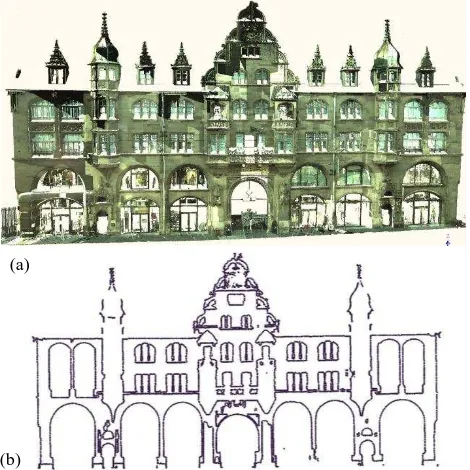 Figure 3. Scanned façade of a complex architectural building (a) and extracted contours (b)  