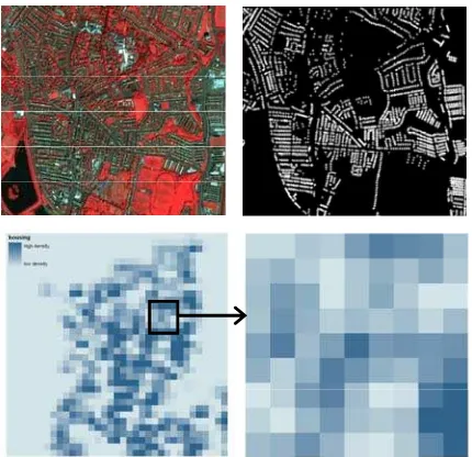 Figure 2: Structural and functional representations of the city of Belfast U.K. IKONOS image (top left), postal addresses (top right), census housing surface (bottom left, for whole of NE Belfast; bottom right, the same spatial dimensions as IKONOS image a