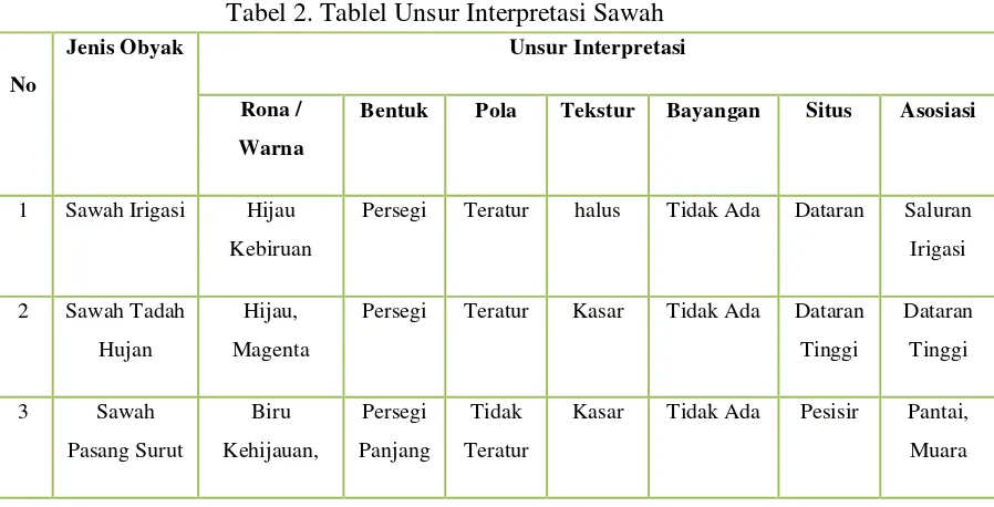 Tabel 1.  Tabel Kunci Interpretasi Sawah 