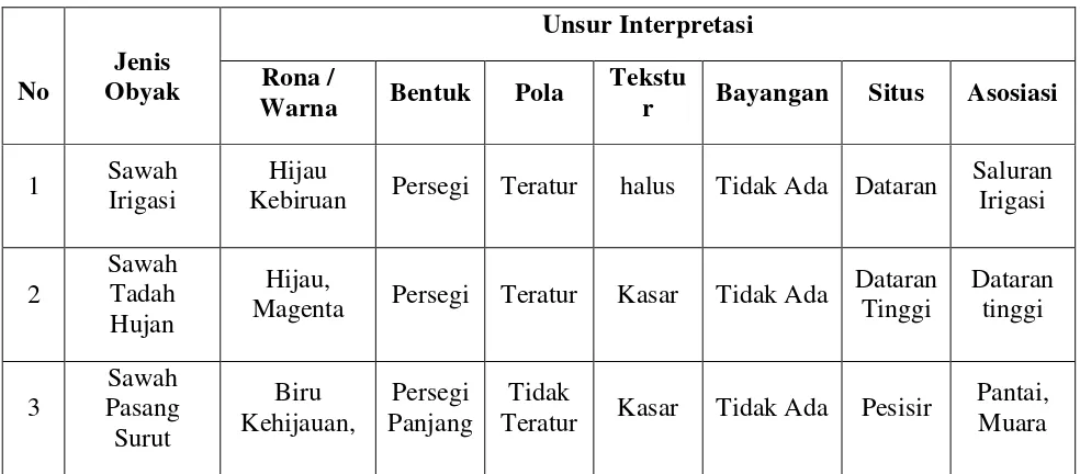 Tabel 1. 6 Tablel Unsur Interpretasi Sawah 