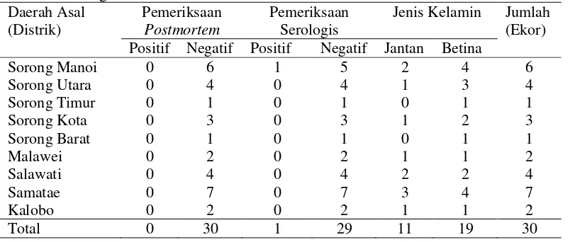 Tabel 1 Daerah asal dan jumlah babi yang dilakukan pemeriksaan postmortem dan serologis 