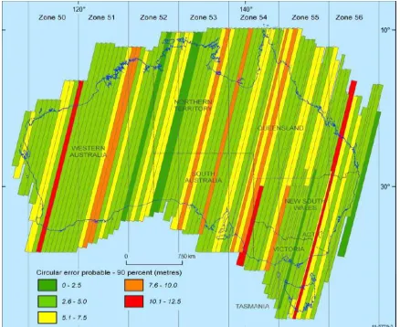 Figure 2. 206 PRISM image strips used to compile AGRI, along with estimates of strip georeferencing accuracy