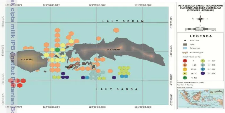 Gambar 24  Peta daerah penangkapan ikan cakalang pada musim Barat di Laut 