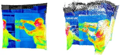 Figure 15: Frontal view onto a non-planar scene (left) and a viewclearly showing the erroneous shifts of IR texture in the pointcloud (right).