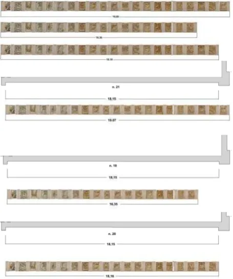 Figure 10. Reconstruction of the panel order on the Eastern façade with reallocation of the pilaster strips according to the diagrams of Piccini (21) and Bianchini (18) and according to the new assumptions (20), perspective and plan views