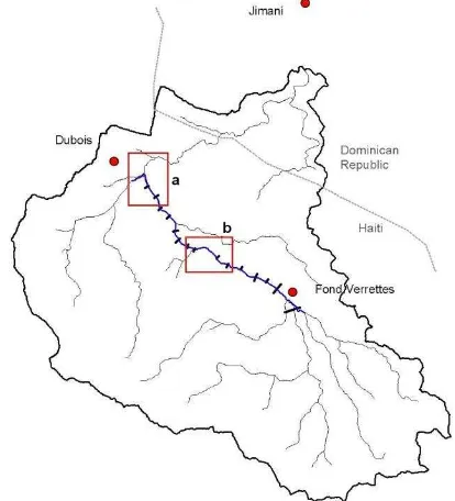 Figure 1. Trans-boundary study catchment of the River Soliette:  principal hydrograph network (black tin line), modelled reach (blue tick line) and river cross-sections (black segments); boxes: areas of interest for detailed topographic survey 