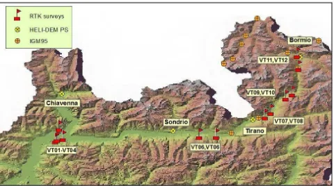 Figure 1. Valtellina. Study areas (RTK surveys), IGM95 benchmarks and HELI-DEM permanent stations