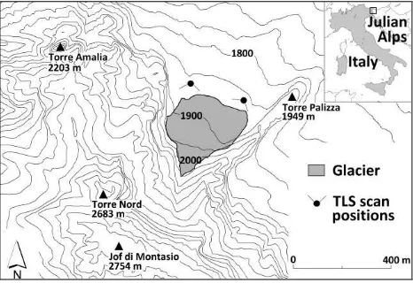Figure 1. Geographic setting of Montasio Occidentale glacier.  