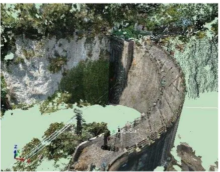 Figure 11. Unstable block identified on a digital image along a rock shoulder of the dam (left) and view of the block on the   3D model rendered using the intensity values  