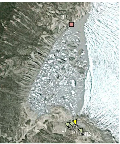 Figure 5: Satellite image of Lago Chachet II glacier lake drainage paths (in black) at Glaciar Colonia (Cassasa et al., 2009)