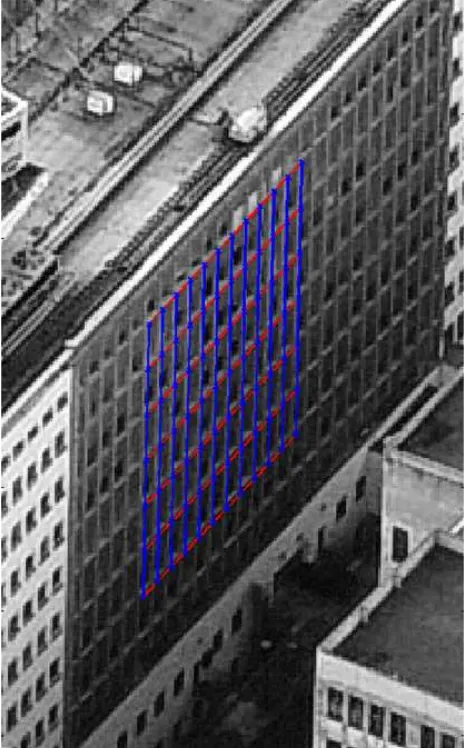 Figure 9: Result of lattice extraction in oblique optical image.The red vector correspond to the horizontal, the blue to the verti-cal alignment of the lattice nodes.