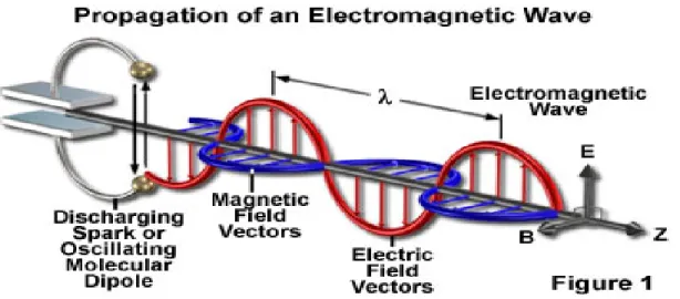 Gambar 2.3 Propagasi dari gelombang elektromagnetik (magnetic field   adalah medan magnet, electric field adalah medan listrik, dan elektromagnetic  wave adalah gelombang elektromagnetik) 