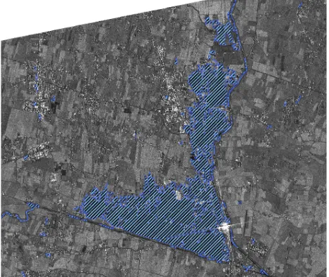 Figure 1. COSMO-SkyMed 2, StripMap DGM, Nov. 5th 2010, “Gaussian DE MAP” filtered, DEM-geocoded & calibrated, flooded areas overlaid