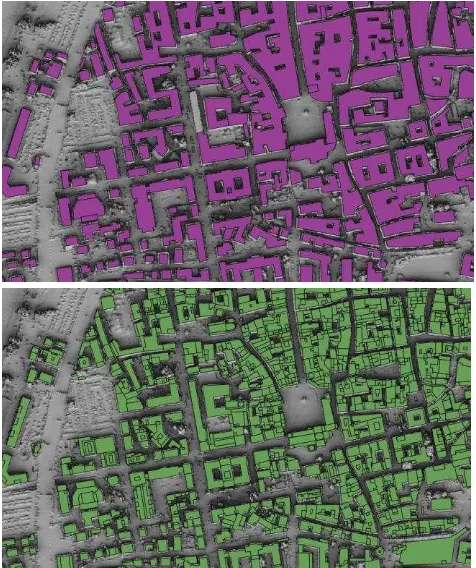 Figure 1. Example of DSM data extracted from Geoeye stereo-pair (a), airborne images (b) and LIDAR data (c)