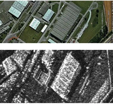 Figure 1: Optical image representing the test area (top), corre-sponding SAR intensity image (bottom).