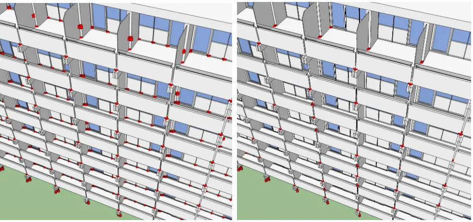 Figure 5: Simulated phase centers related to reﬂection level 3 marked in facade model (red cubes)