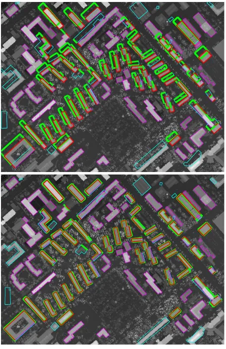 Figure 4: Detected lines in LiDAR DSM and HSI, before (top)and after coregistration (bottom)