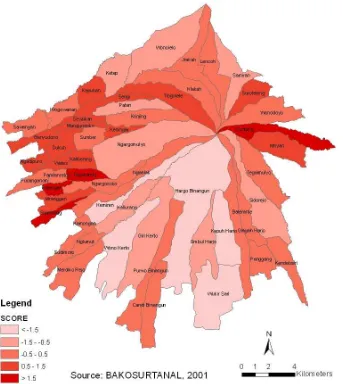Figure 2. Relative social vulnerability index of Merapi proximal village districts (Utami, 2009) 