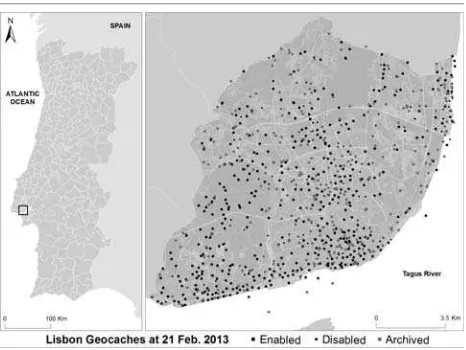 Figure 1. Study Area. Left side shows mainland Portugal and its 278 Municipalities. Right side shows Lisbon Municipality and the total 884 Geocaches that constitute the selected dataset