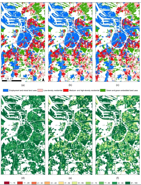 Figure 1. At the top: detail of Antwerp of the original land-use classification map (a) and of the modal class map when only accounting for the impervious surface errors (b) and when combining both uncertainty sources (c)