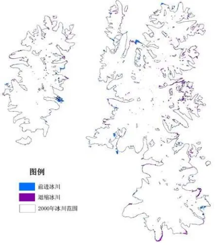 Figure. 3 Extracted Glacier area boundary in Geladandong region in the year 2000. Blue patches represent advanced glaciers, while purple denotes glacier retreatment between 2000 and 2007