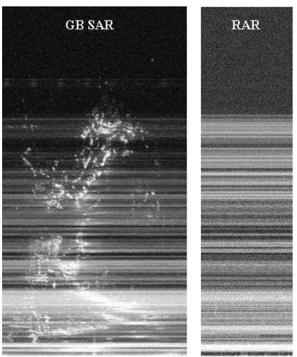 Figure 1. Example of a GB-SAR image (one pixel corresponds to azimuth and range radar sampling of the observed area) and a RAR 1D image of the same area 