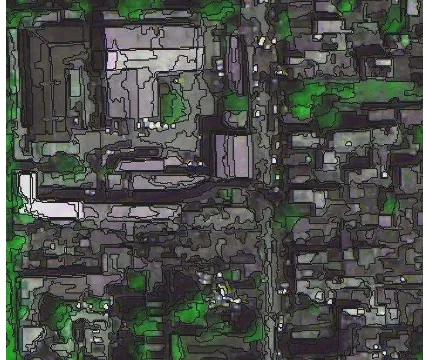 Figure 5 shows the selected segmentation result overlapped on pre-event imagery. Most buildings and vegetation areas were over segmented on purpose