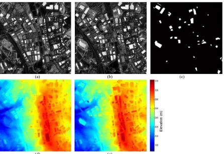 Figure 3. Dataset for Munich test area, including orthorectified panchromatic image from date 1 (a) and date 2 (b), change reference map (c), DSM from date 1 (d) and date 2 (e)