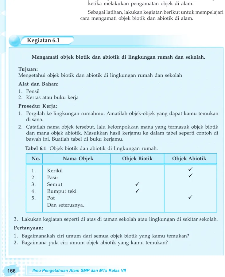 Tabel 6.1  Objek biotik dan abiotik di lingkungan rumah.