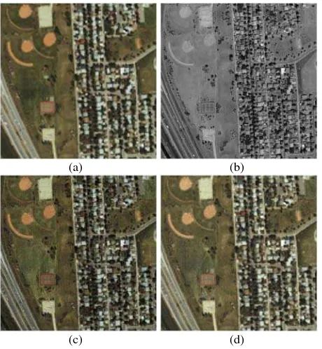 Figure 1. Illustrations of the fusion results using IKONOS images. (a) re-sampled multispectral image; (b)panchromatic image; (c) DFRNT-IHS fused image; (d) DFRNT fused image; (e) IHS fused image