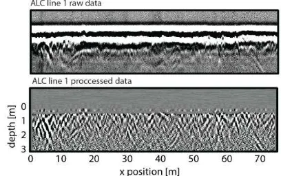 Figure 9. (top) example of raw GPR data; (bottom) after processing. 