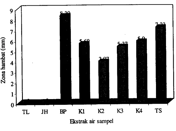 Gambar l. Histogram aktivitas antibakteri temulawak, jahe dan bawang putih dengan konsentrasi 100/o
