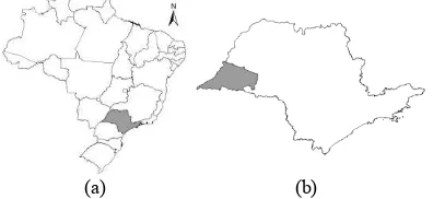 Figure 1. (a) São Paulo State and Brazil; (b) The West Region of São Paulo. 