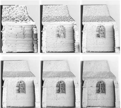 Figure 2: The multi-stereo image matching method: the master image (left), the matching result in the last pyramidal step  (center) and the generated colorized point cloud (right) 