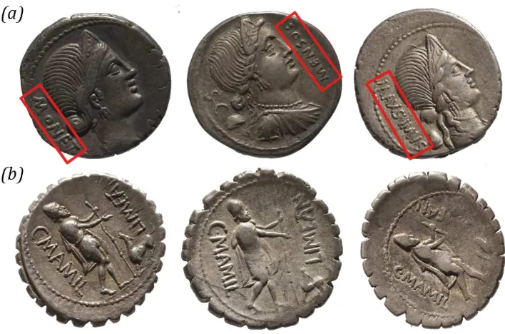 Figure 1: Examples of Roman Republican coins. (a) Low inter-class variability. Three coins of different classes that only differ in theirlegend