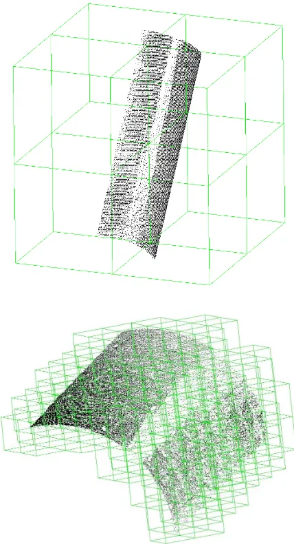 Figure 2: One-level subdivision octree (top) and four-level sub-division (bottom) representation of a portion of the tunnel canal’svault.