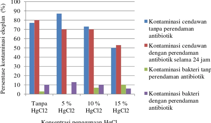 Gambar 1. Gambar 1 menunjukan bahwa perendaman antibiotik pada eksplan Setelah diamati selama tiga minggu diperoleh hasil yang disajikan pada hanya terdapat sedikit perbedaan persentase kontaminan jika dibandingkan dengan eksplan tanpa perendaman antibioti