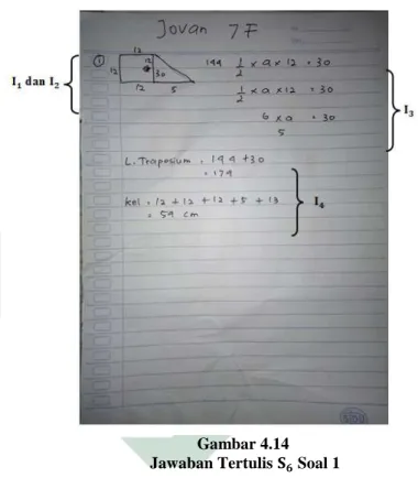 Gambar  4.14  menunjukkan  hasil  jawaban  tertulis dari subjek    untuk soal no 1. Mula-mula subjek   menggambar sebuah trapesium  siku-siku dan  memberi  keterangan panjang  sisinya
