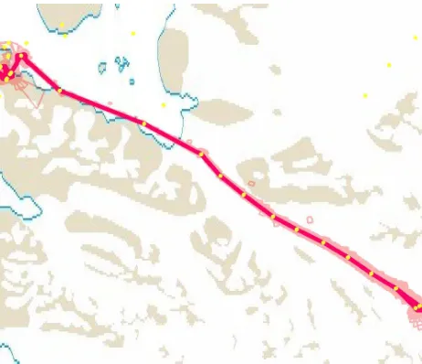 Figure 1: Trajectory of the Cryowing UAS ﬂight (red). The pinkpolygons represent the coverage of the camera images, and theyellow dots are the ﬂight waypoints