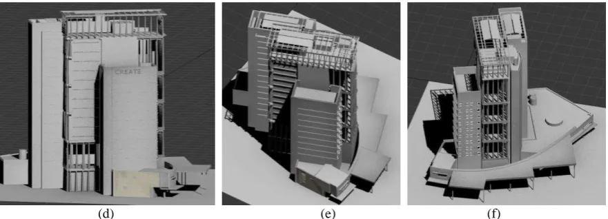 Figure 7: Example of complex CREATE building, (a) an image from UAV; (b) sample point cloud from Mobile  Mapping system; (c) terrestrial image sample collected by NIKON D7000; (d)(e)(f) views onto the 3D model of the  