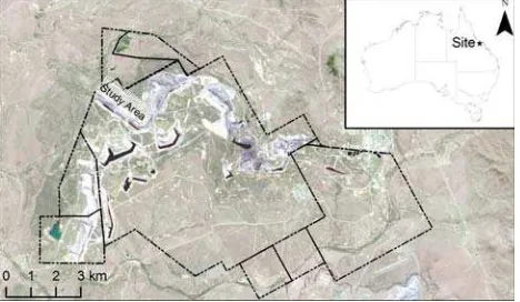 Figure 1. Site location (inset �) and study area (white hash) relative to mine lease extents
