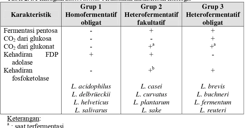 Tabel 2.4. Pembagian Lactobacillus berdasarkan karakteristik fisiologis 