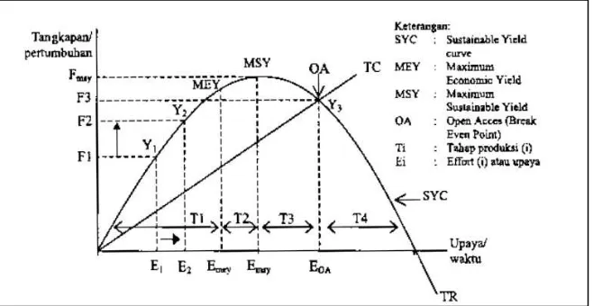 Figure 2. The relationship between the Maximum Economic Yield (MEY), Maximum Sustainable Yield (MSY) and Open Access Equilibrium (OAE) Source :Susilowati (2006) 