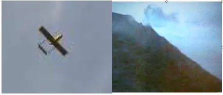 Figure 1. Butterfly radio controlled UAV approaching Stromboli top craters on 2004 flight (left) and pilot camera view 