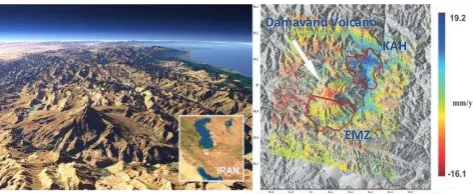 Figure 1: Left: Photo of Damavand Volcano, as viewed from east, Right: Deformation field velocity of Envisat satellite as obtained in descending