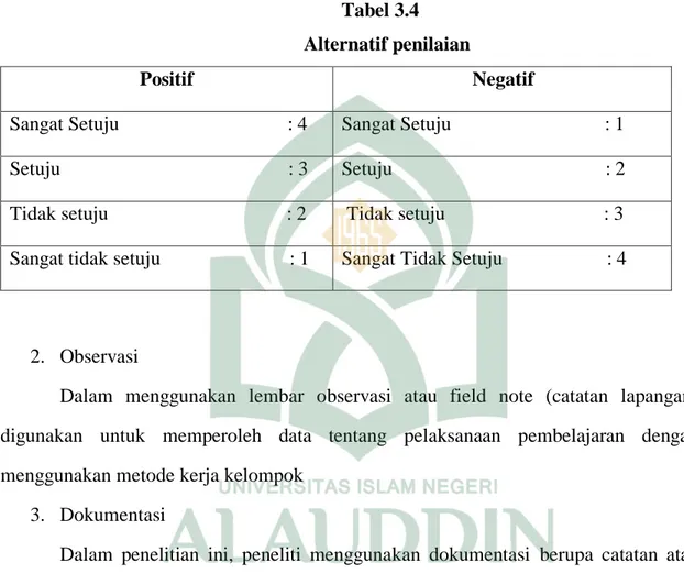Tabel 3.4 49 Alternatif penilaian 