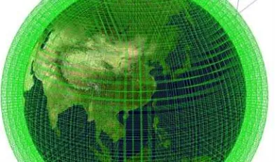 Figure 19. Sphere Shell Space 3D Grid (green wire frame) over  the whole earth. 