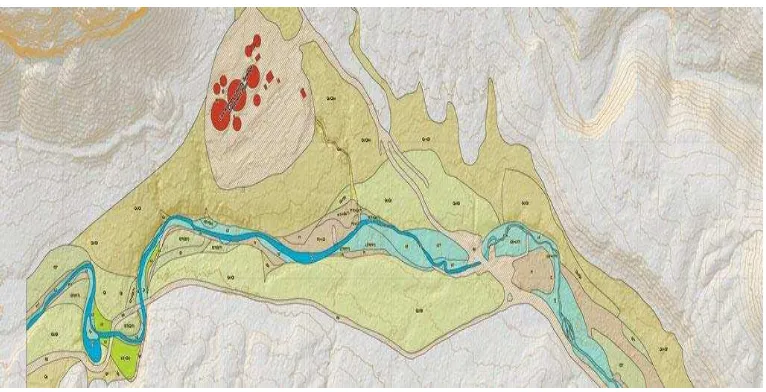 Gambar 11-1 Peta geomorfologi detil dari endapan sedimen sungai di Dataran Tinggi Pajarito di Los Alamos National Laboratory (LANL) yang terkontaminasi oleh radionuklida Plutonium-239