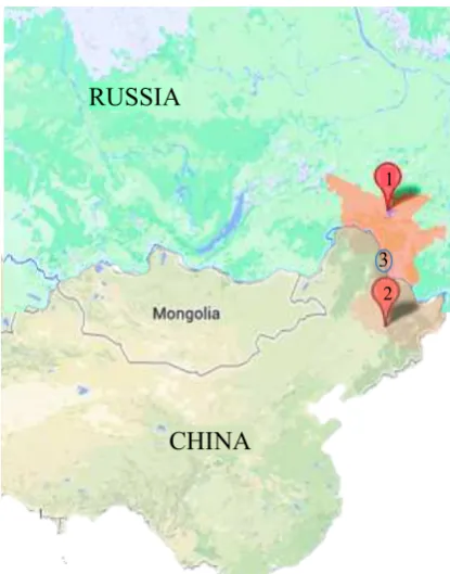 Figure 1. Map of Russian-Chinese borderland (Author) 1 – Amur Oblast (Russia) 2 – Heilongjiang Province (China) 3 – City pair of Blagoveshchensk and Heihe  